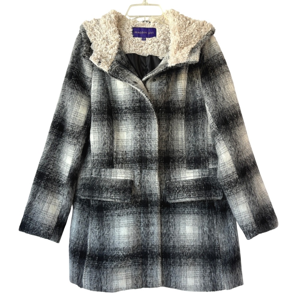 Madden Girl Sherpa Hood Plaid Coat M Cozy Boho Cottagecore